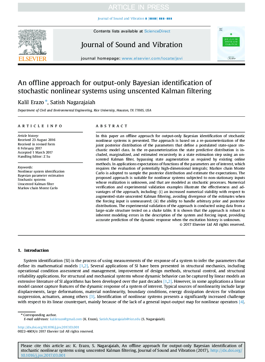 An offline approach for output-only Bayesian identification of stochastic nonlinear systems using unscented Kalman filtering
