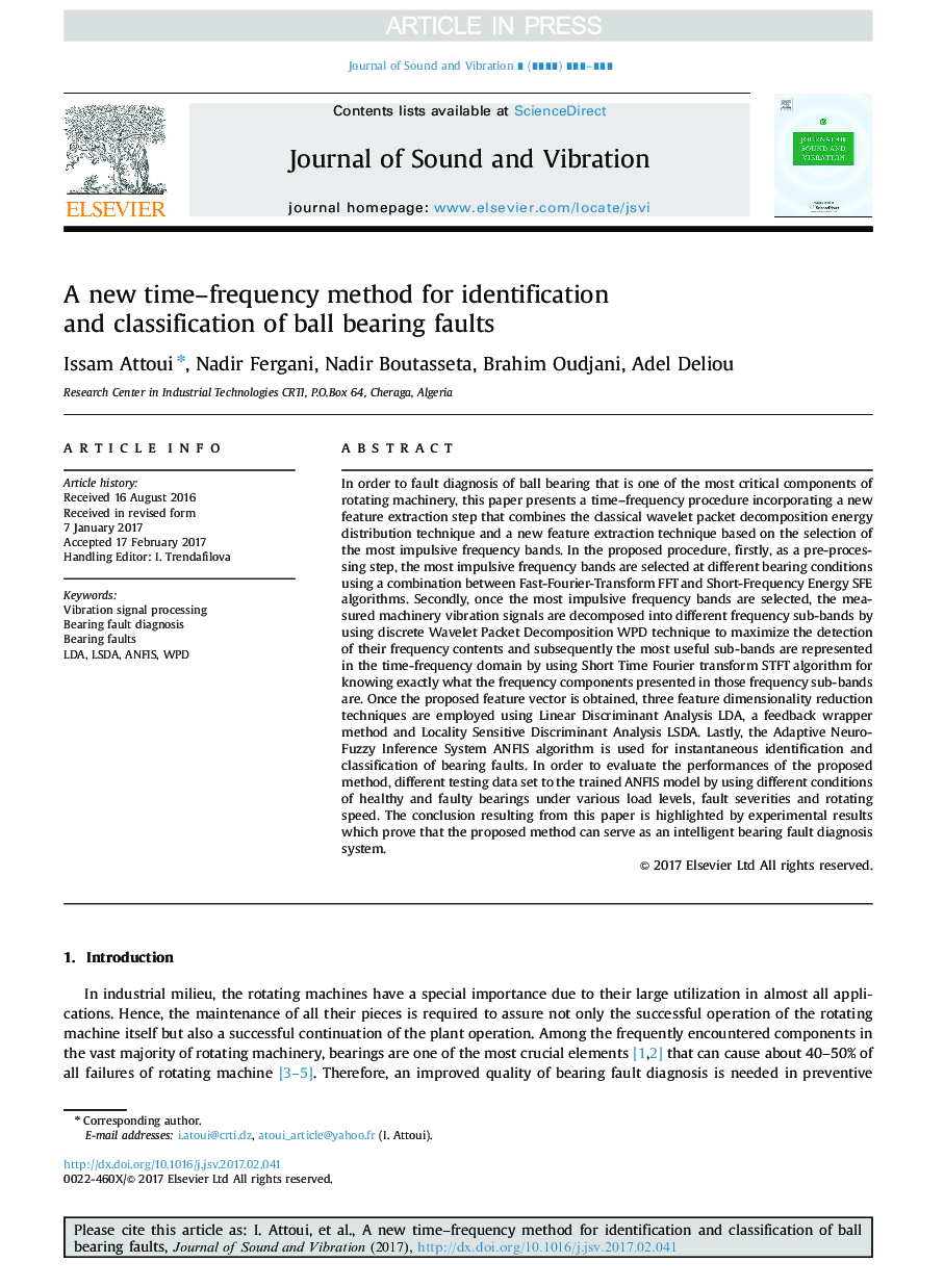 A new time-frequency method for identification and classification of ball bearing faults