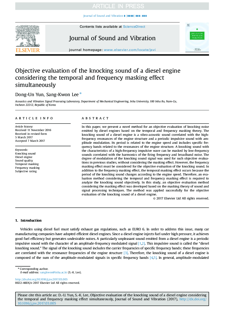 Objective evaluation of the knocking sound of a diesel engine considering the temporal and frequency masking effect simultaneously