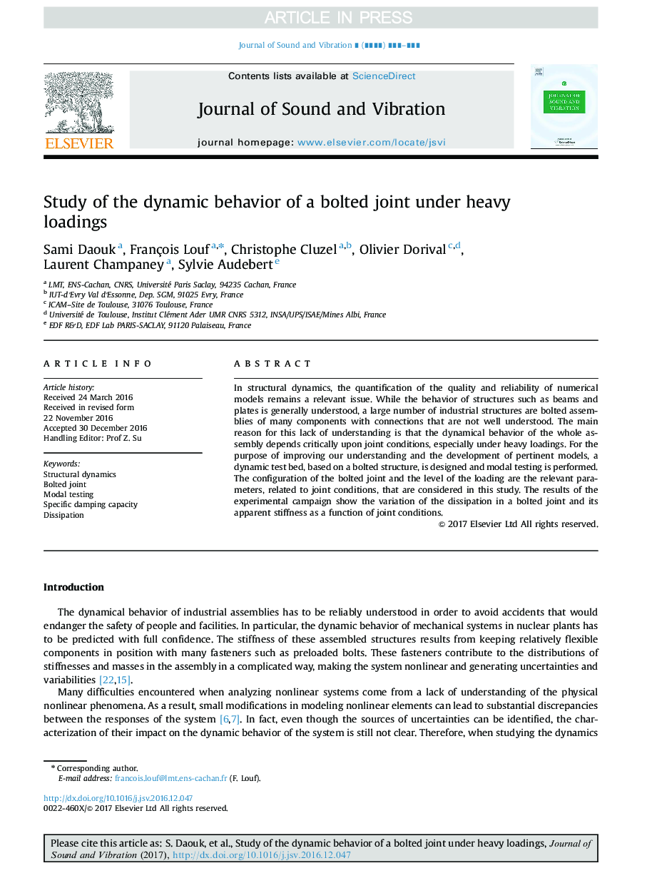 Study of the dynamic behavior of a bolted joint under heavy loadings