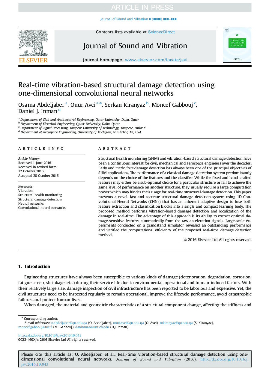 تشخیص آسیب ساختاری مبتنی بر ارتعاش در زمان واقعی با استفاده از شبکه عصبی کانولوشن یک بعدی 