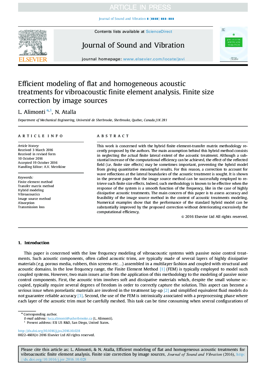 Efficient modeling of flat and homogeneous acoustic treatments for vibroacoustic finite element analysis. Finite size correction by image sources