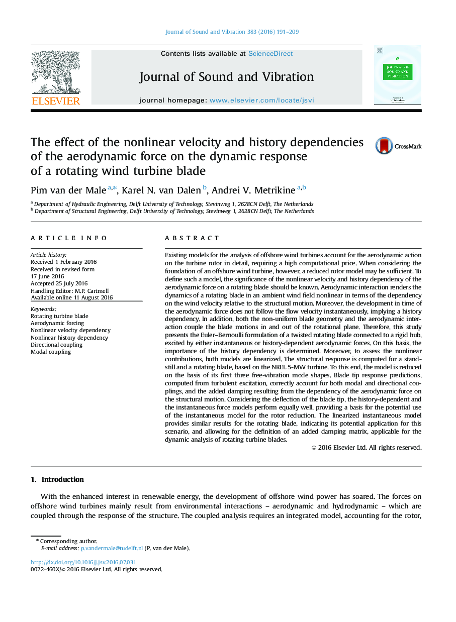 The effect of the nonlinear velocity and history dependencies of the aerodynamic force on the dynamic response of a rotating wind turbine blade