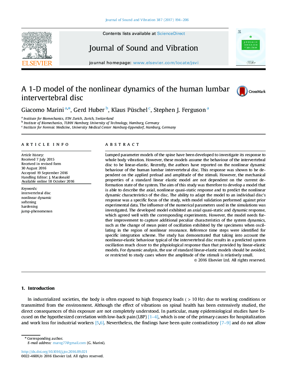 A 1-D model of the nonlinear dynamics of the human lumbar intervertebral disc