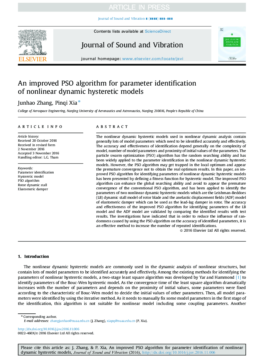 An improved PSO algorithm for parameter identification of nonlinear dynamic hysteretic models