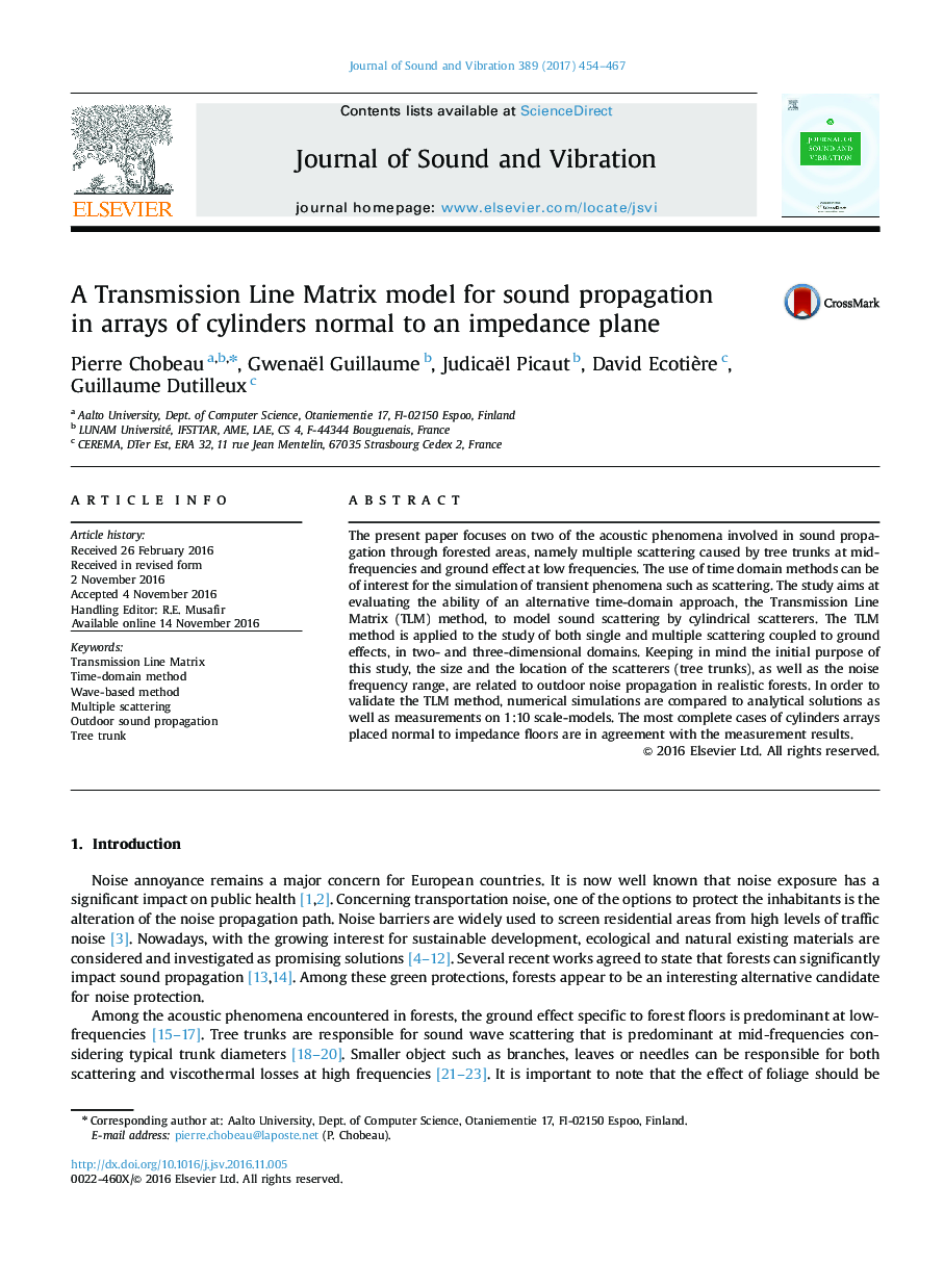 A Transmission Line Matrix model for sound propagation in arrays of cylinders normal to an impedance plane