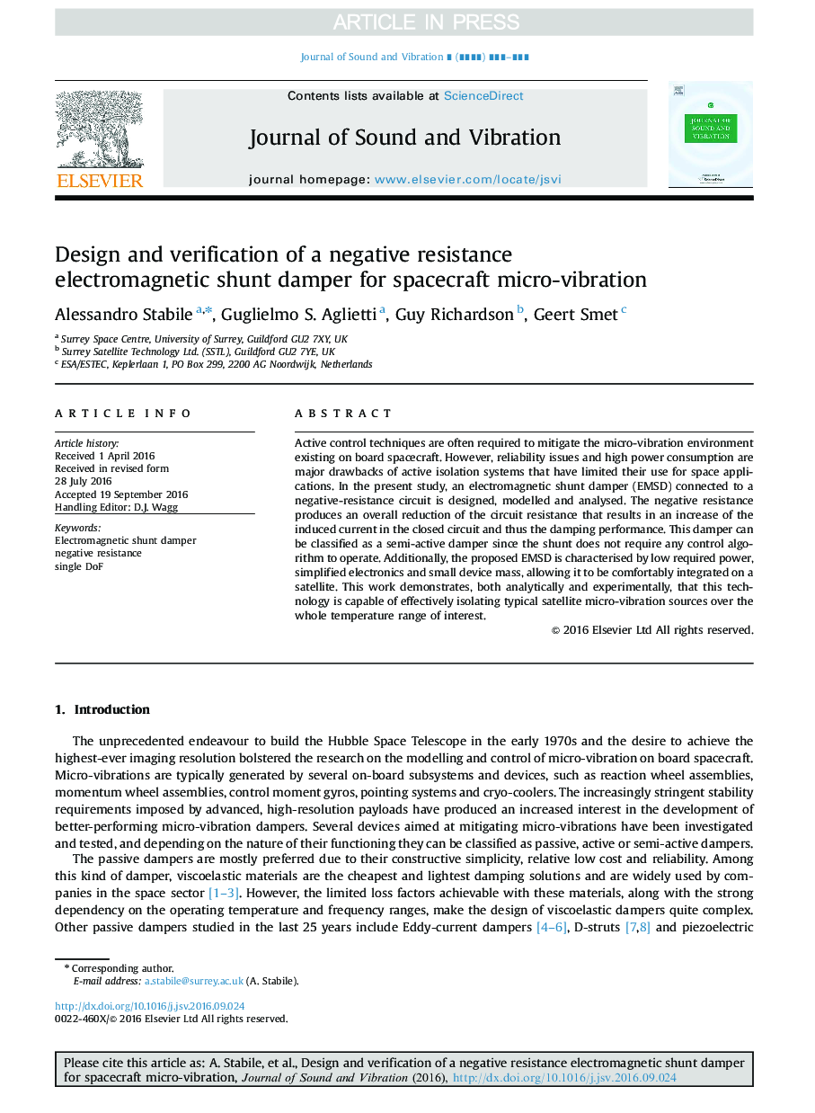 Design and verification of a negative resistance electromagnetic shunt damper for spacecraft micro-vibration