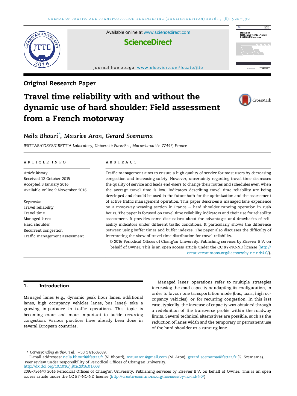 Original Research PaperTravel time reliability with and without the dynamic use of hard shoulder: Field assessment from a French motorway