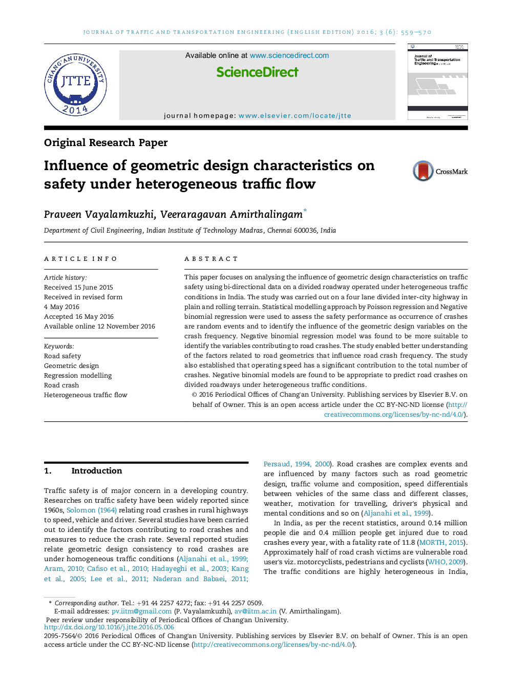 Influence of geometric design characteristics on safety under heterogeneous traffic flow