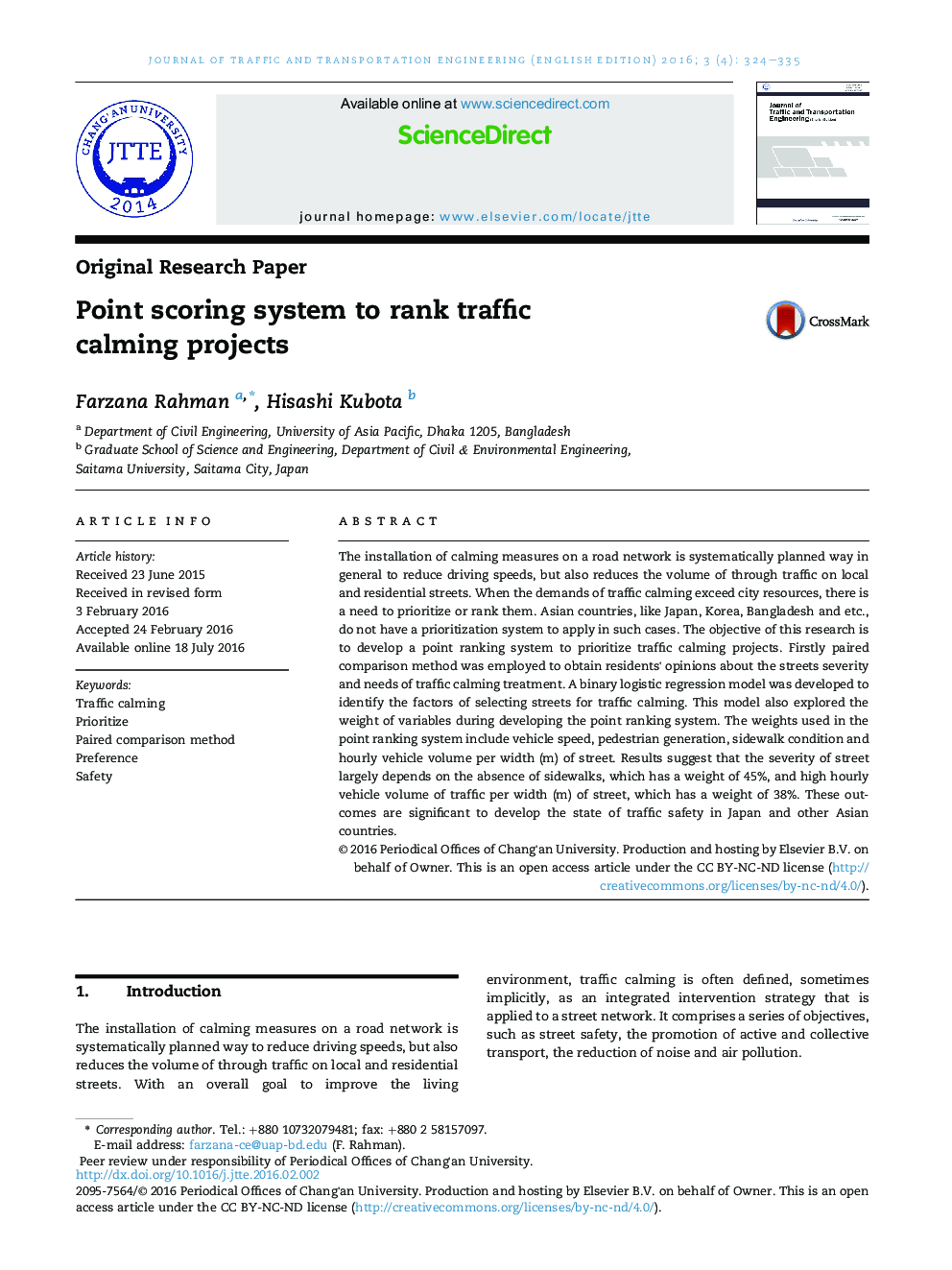 Point scoring system to rank traffic calming projects