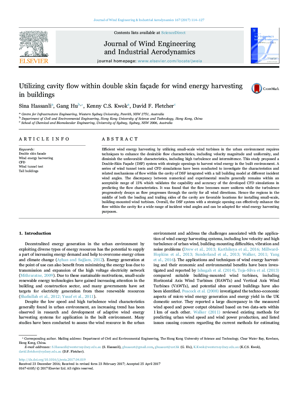 Utilizing cavity flow within double skin façade for wind energy harvesting in buildings