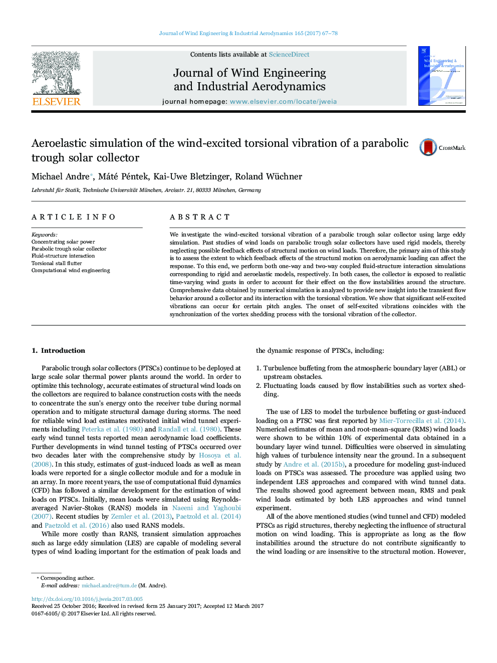 Aeroelastic simulation of the wind-excited torsional vibration of a parabolic trough solar collector