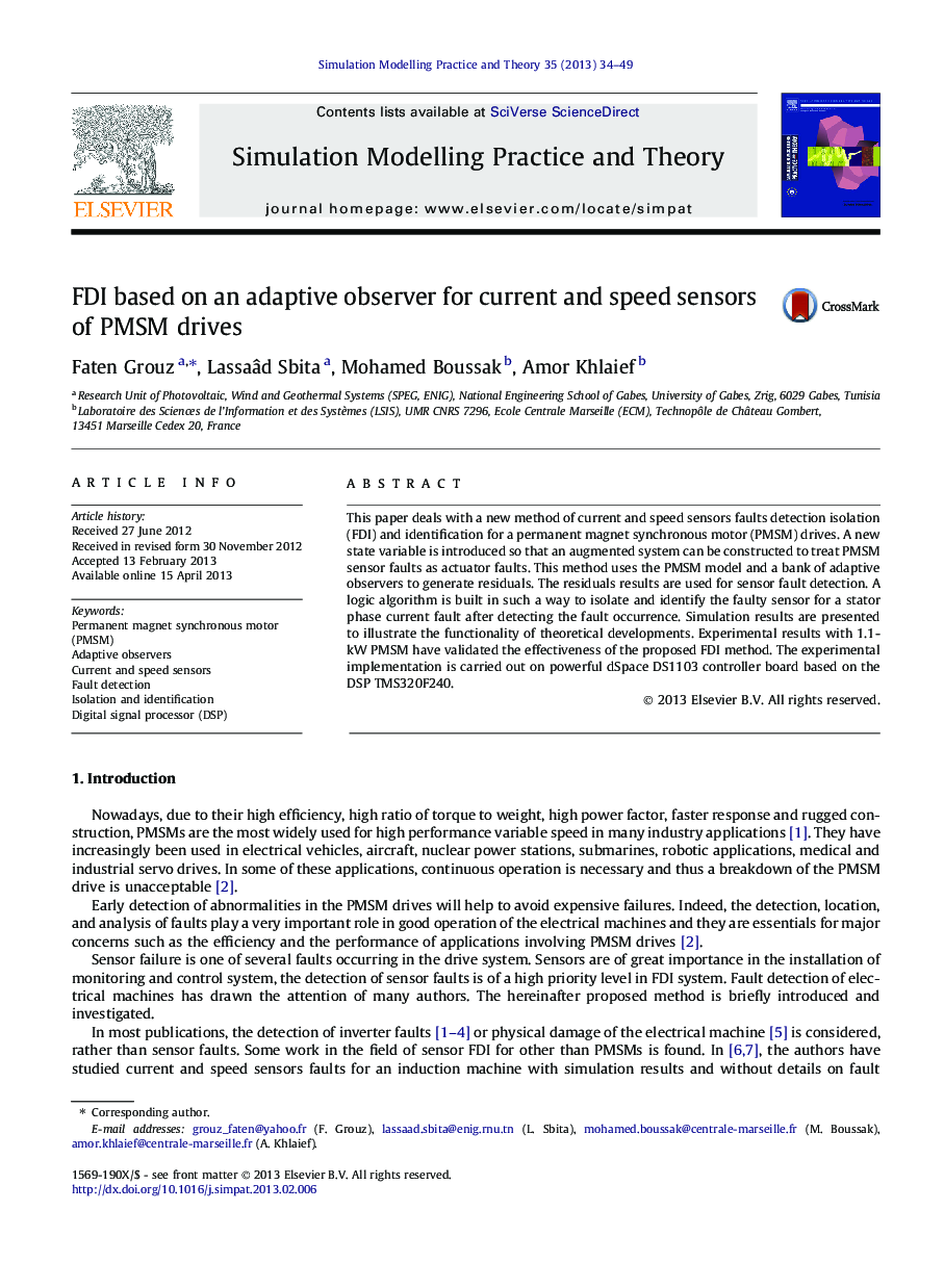 FDI based on an adaptive observer for current and speed sensors of PMSM drives