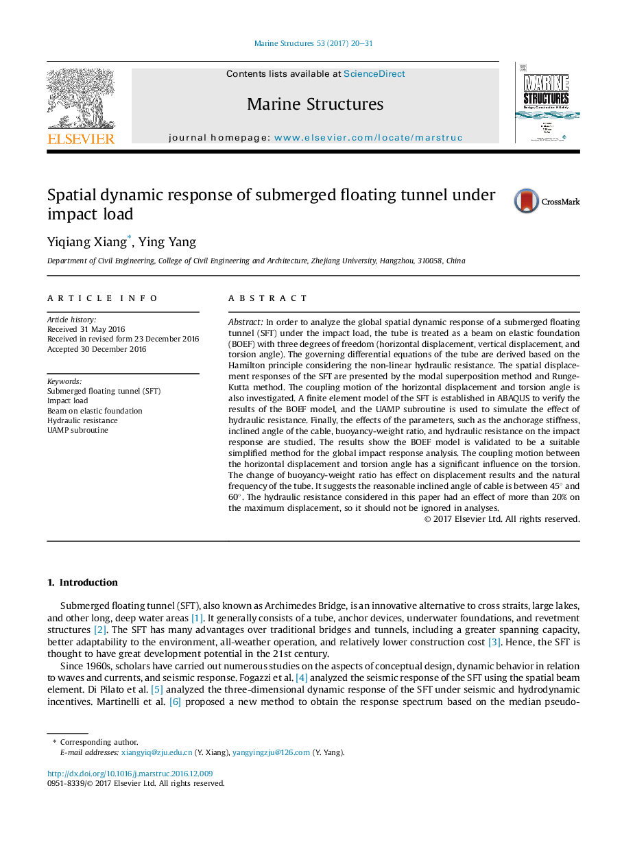 Spatial dynamic response of submerged floating tunnel under impact load