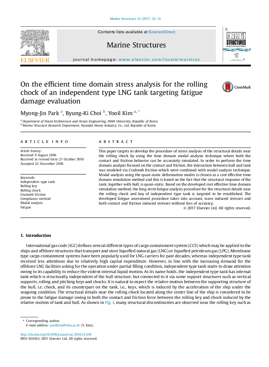 On the efficient time domain stress analysis for the rolling chock of an independent type LNG tank targeting fatigue damage evaluation