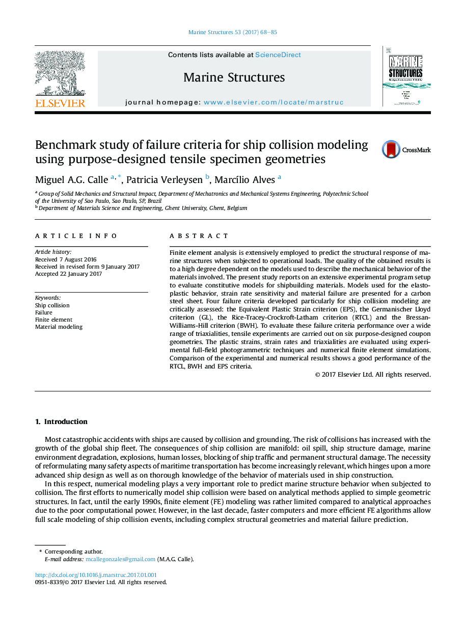 Benchmark study of failure criteria for ship collision modeling using purpose-designed tensile specimen geometries