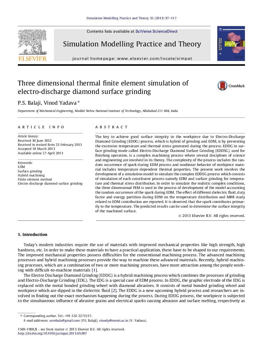 Three dimensional thermal finite element simulation of electro-discharge diamond surface grinding