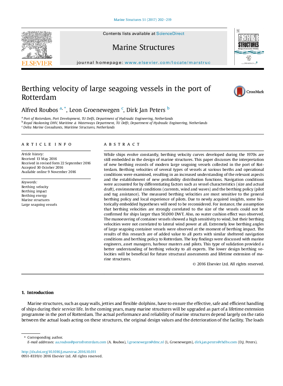 Berthing velocity of large seagoing vessels in the port of Rotterdam