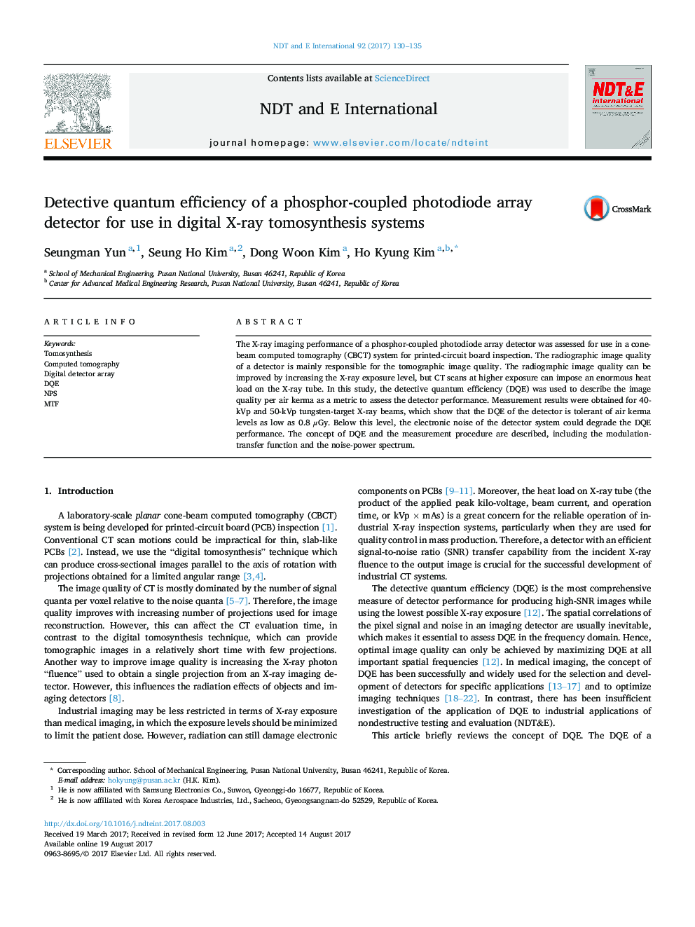 Detective quantum efficiency of a phosphor-coupled photodiode array detector for use in digital X-ray tomosynthesis systems