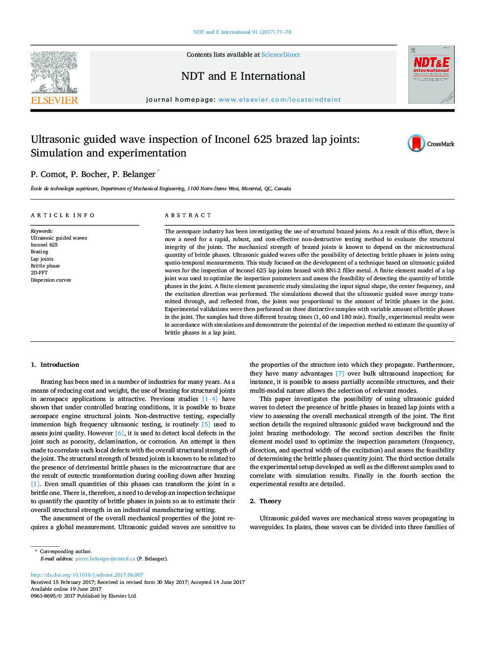 Ultrasonic guided wave inspection of Inconel 625 brazed lap joints: Simulation and experimentation