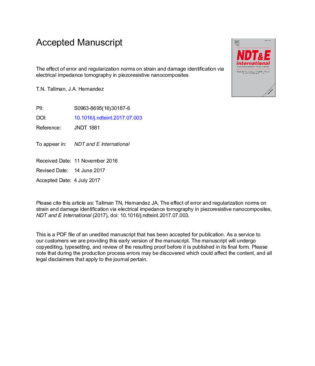 The effect of error and regularization norms on strain and damage identification via electrical impedance tomography in piezoresistive nanocomposites