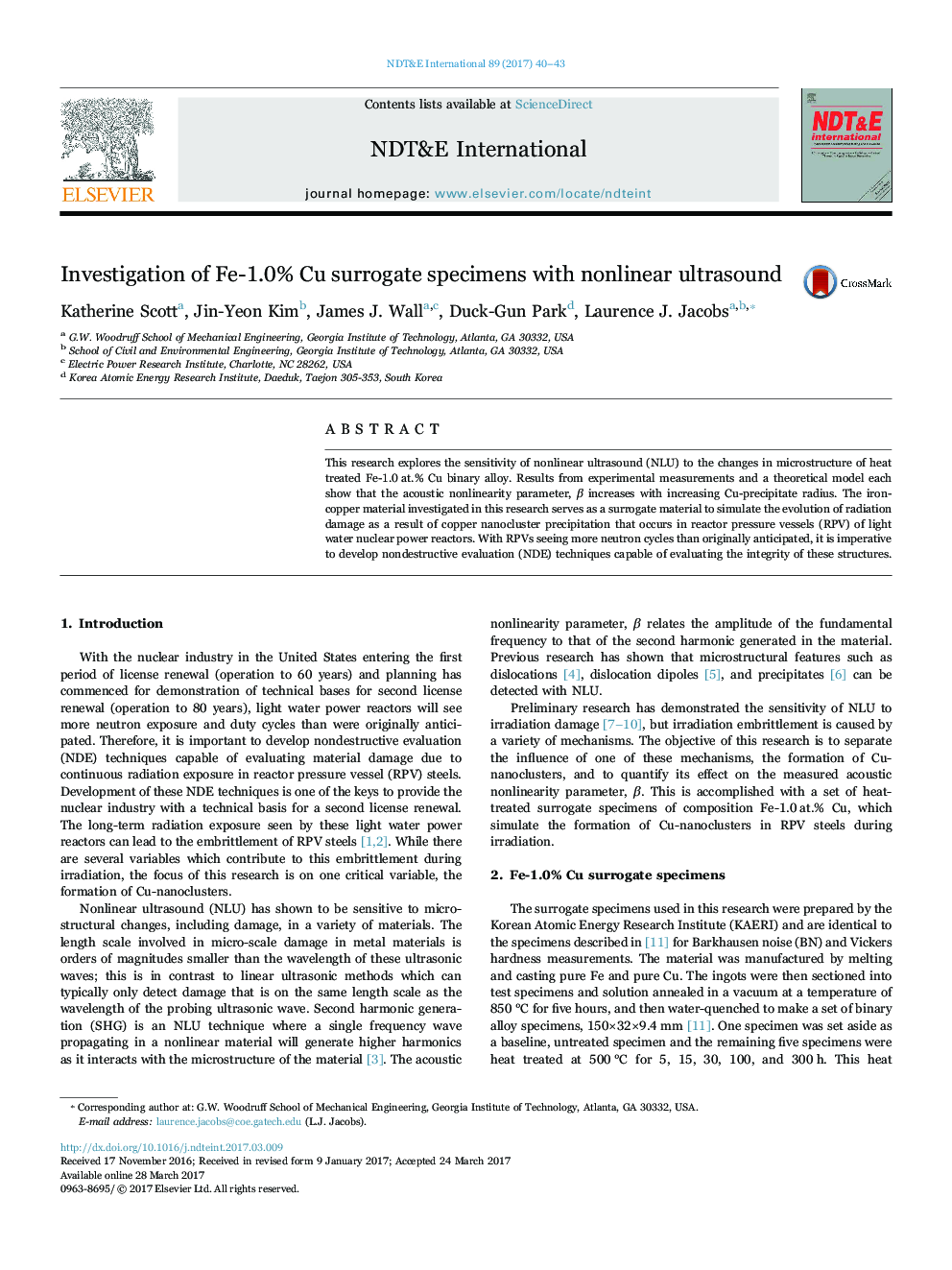 Investigation of Fe-1.0% Cu surrogate specimens with nonlinear ultrasound