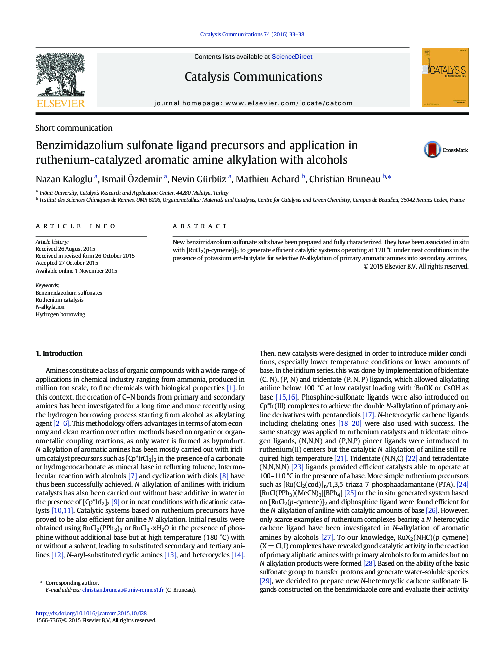 Benzimidazolium sulfonate ligand precursors and application in ruthenium-catalyzed aromatic amine alkylation with alcohols