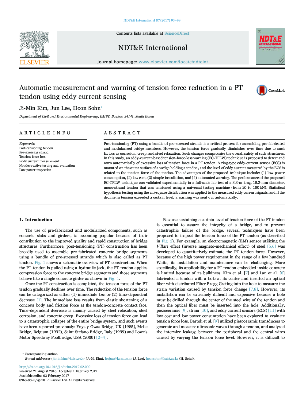 Automatic measurement and warning of tension force reduction in a PT tendon using eddy current sensing