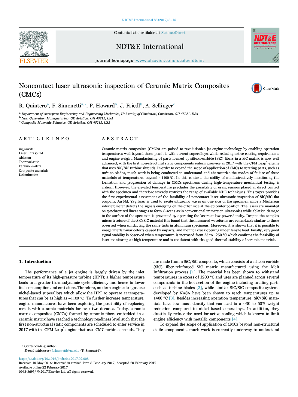 Noncontact laser ultrasonic inspection of Ceramic Matrix Composites (CMCs)