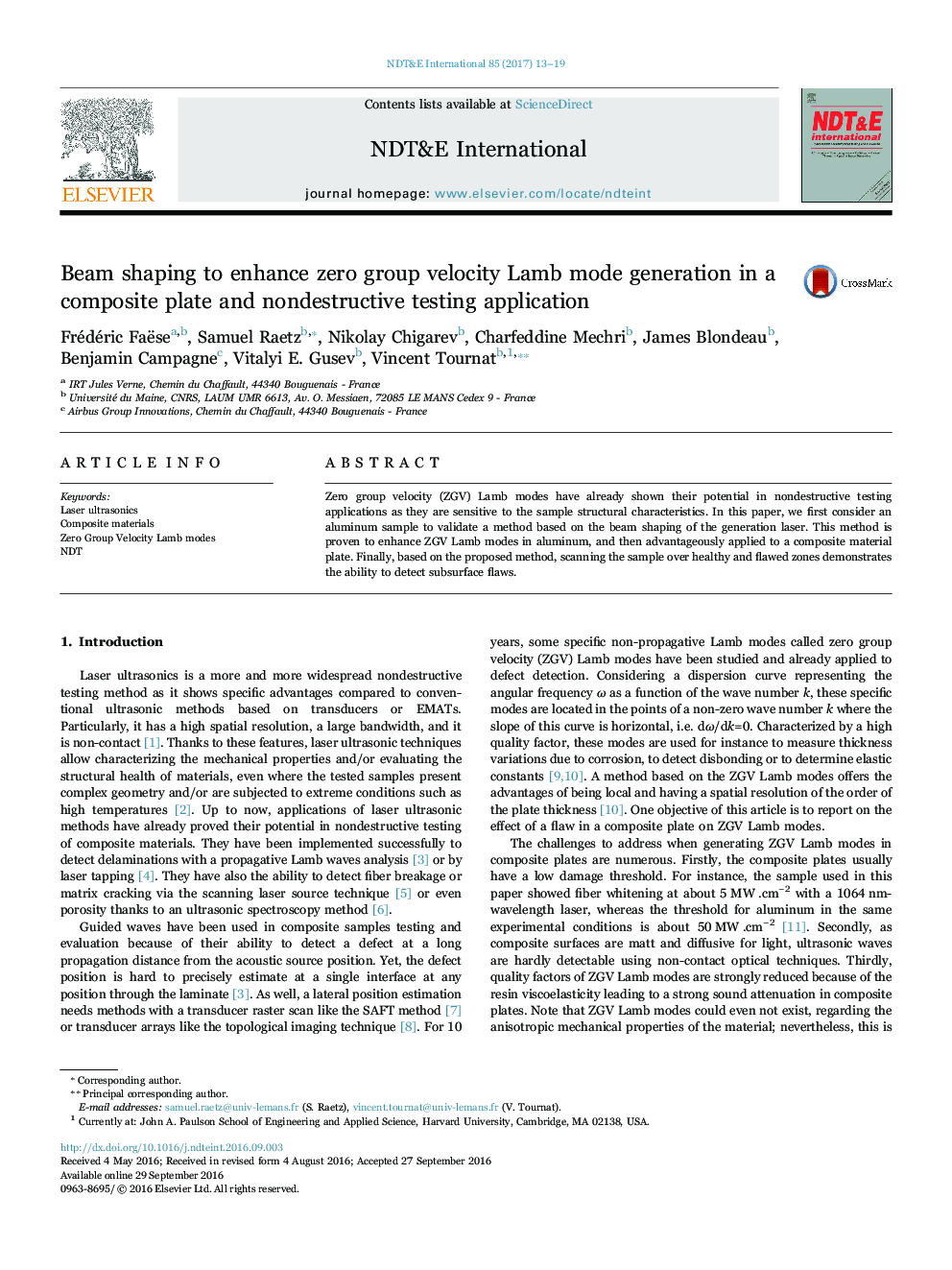 Beam shaping to enhance zero group velocity Lamb mode generation in a composite plate and nondestructive testing application