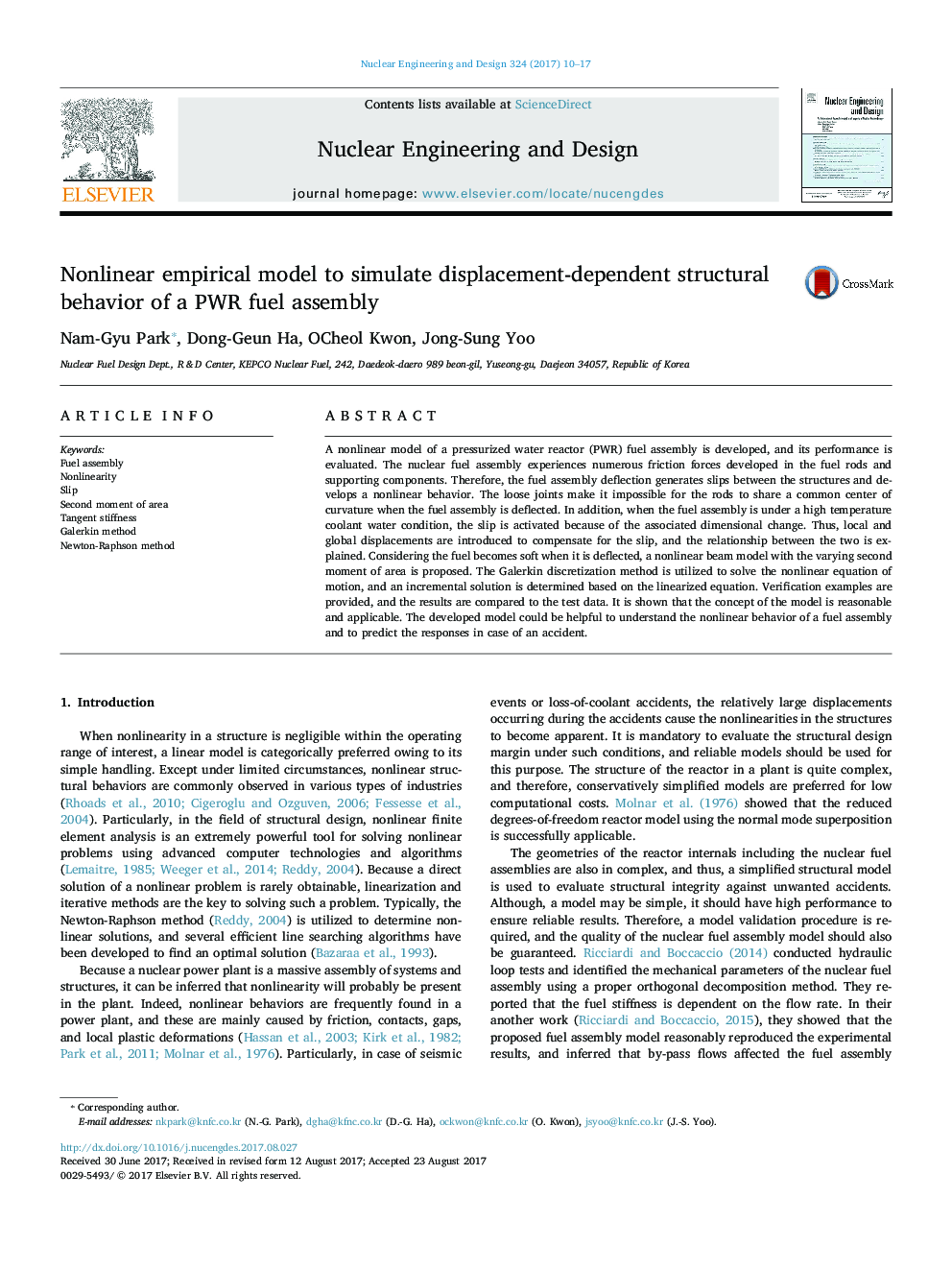 Nonlinear empirical model to simulate displacement-dependent structural behavior of a PWR fuel assembly