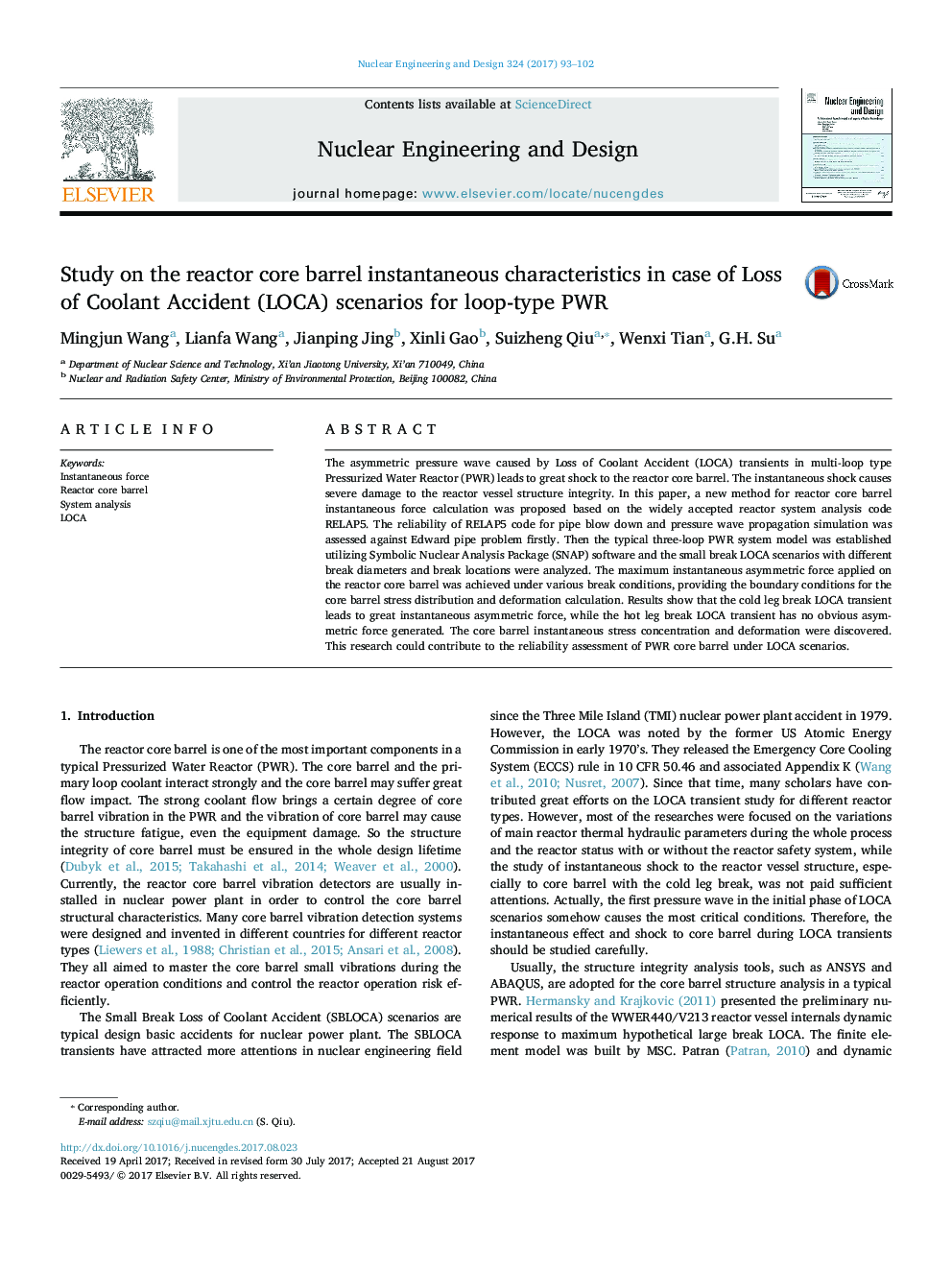 Study on the reactor core barrel instantaneous characteristics in case of Loss of Coolant Accident (LOCA) scenarios for loop-type PWR