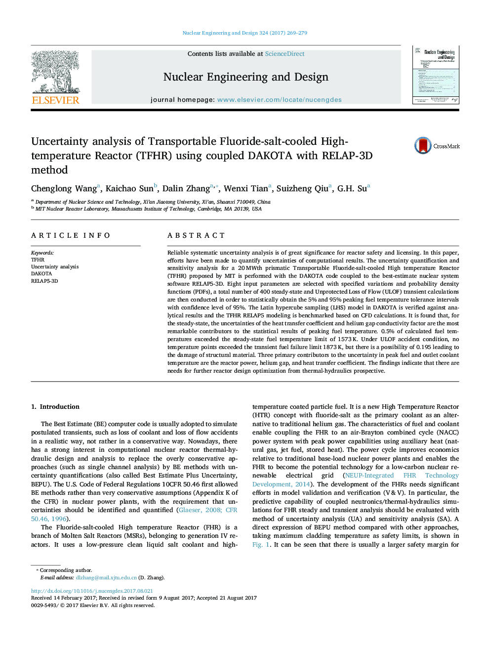 Uncertainty analysis of Transportable Fluoride-salt-cooled High-temperature Reactor (TFHR) using coupled DAKOTA with RELAP-3D method