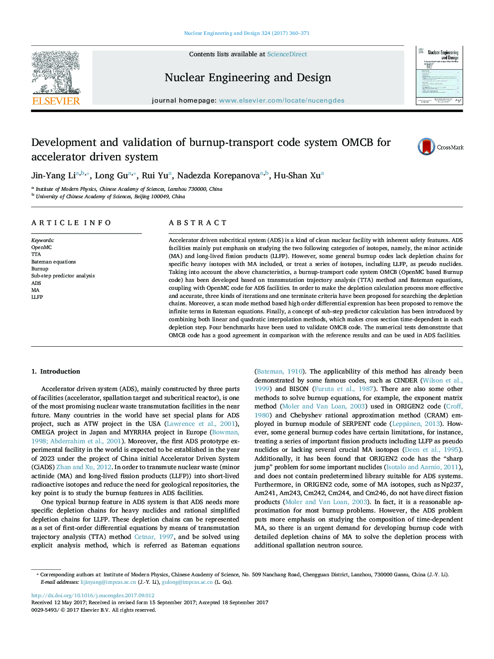 Development and validation of burnup-transport code system OMCB for accelerator driven system