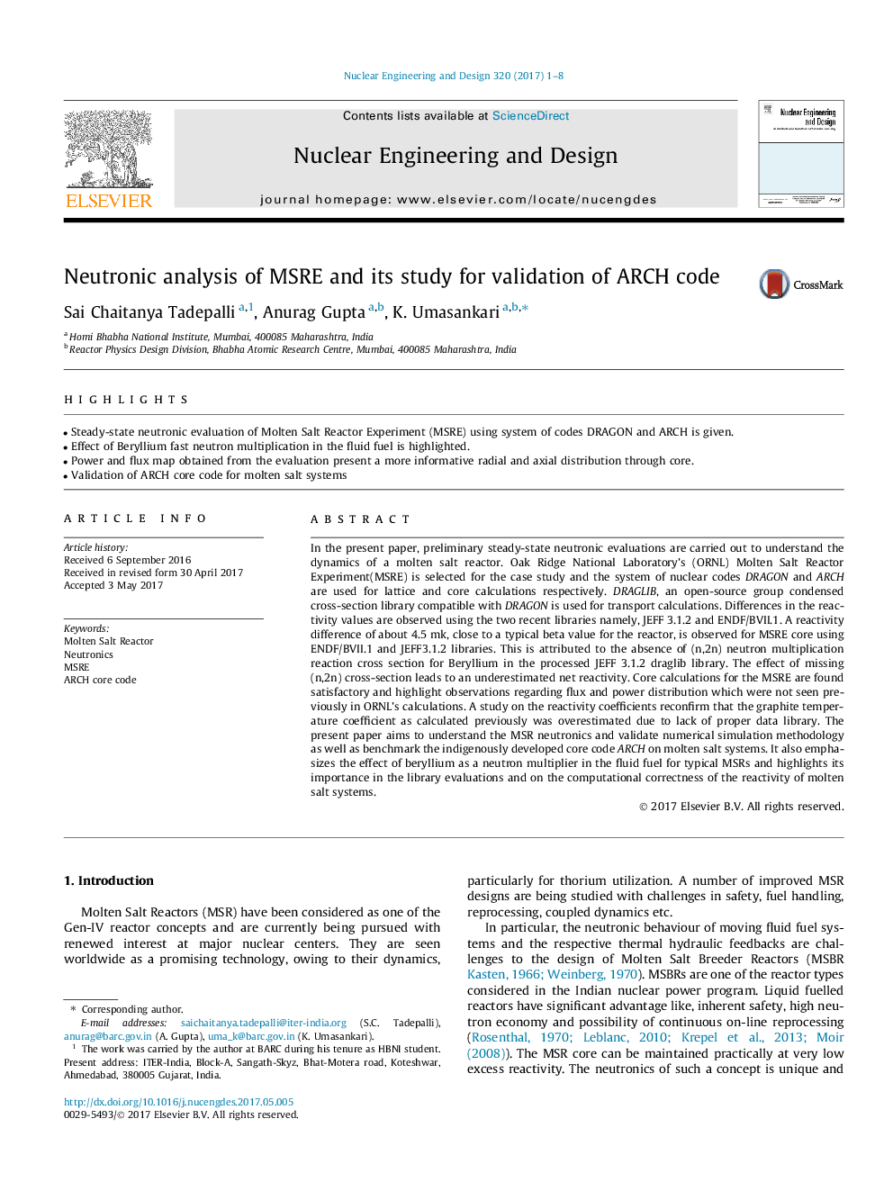 Neutronic analysis of MSRE and its study for validation of ARCH code