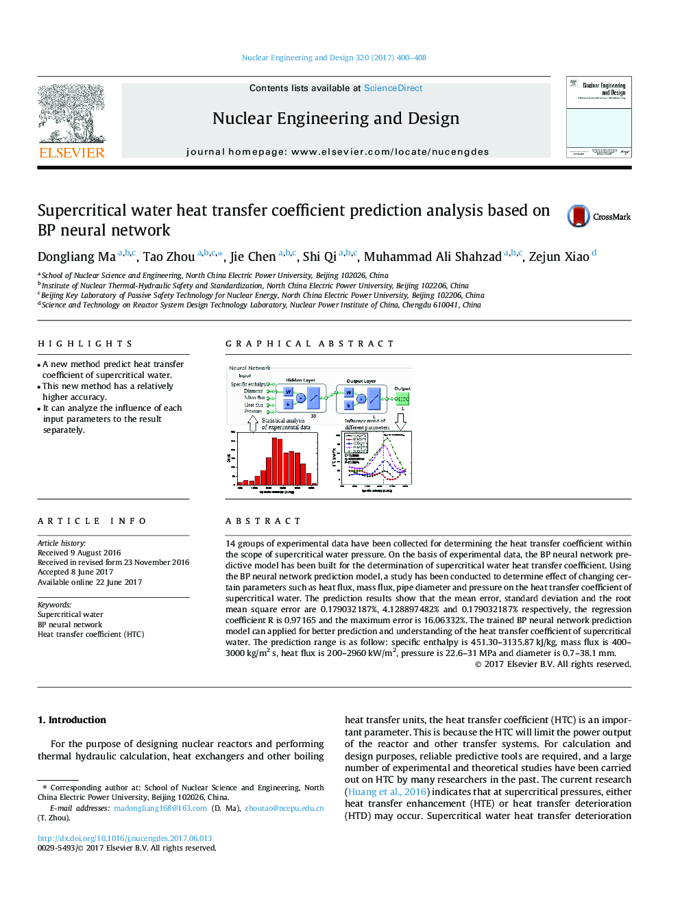 Supercritical water heat transfer coefficient prediction analysis based on BP neural network