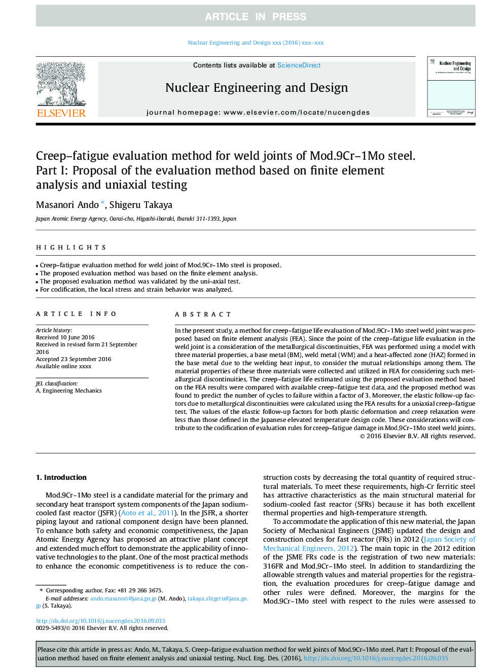 Creep-fatigue evaluation method for weld joints of Mod.9Cr-1Mo steel. Part I: Proposal of the evaluation method based on finite element analysis and uniaxial testing