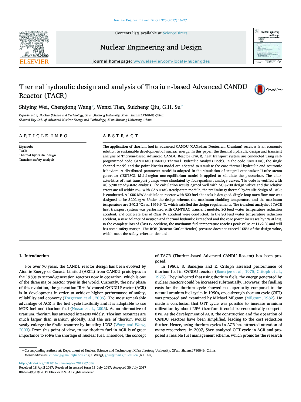 Thermal hydraulic design and analysis of Thorium-based Advanced CANDU Reactor (TACR)