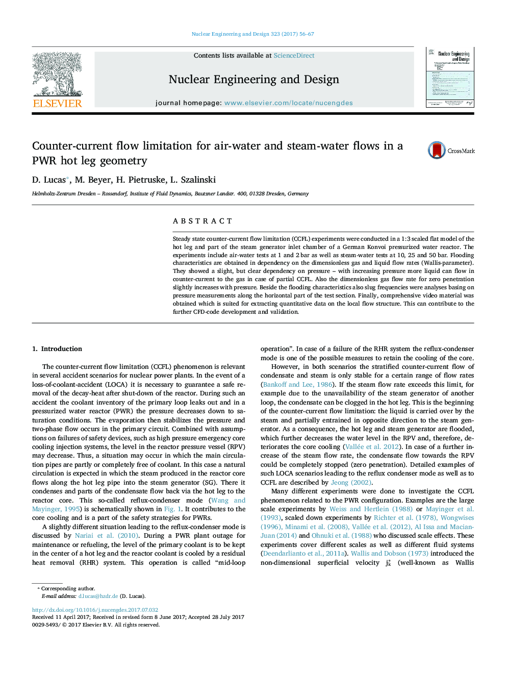 Counter-current flow limitation for air-water and steam-water flows in a PWR hot leg geometry