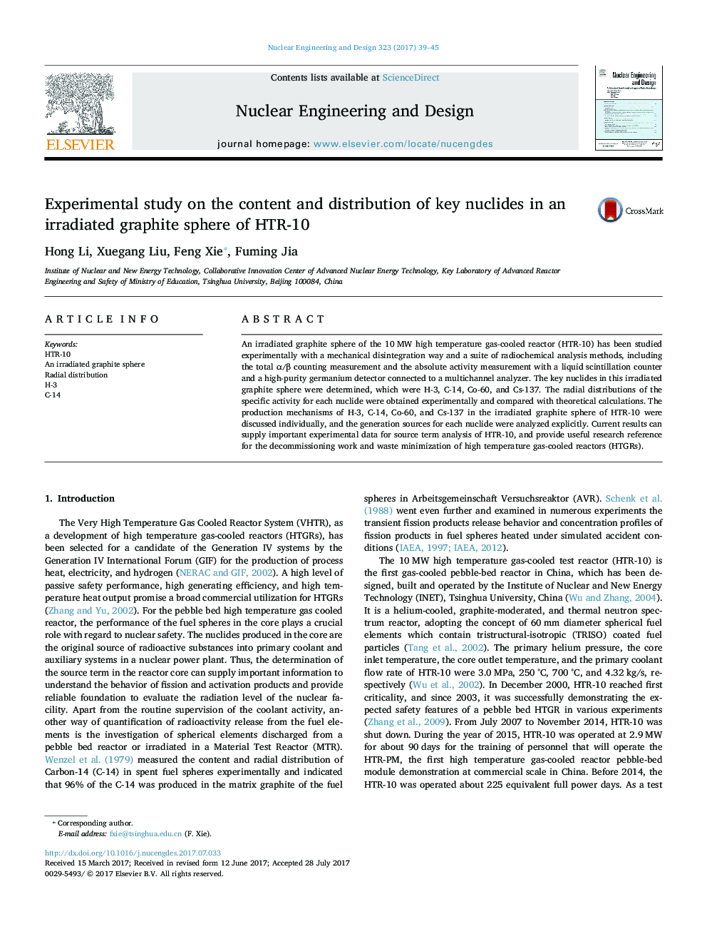 Experimental study on the content and distribution of key nuclides in an irradiated graphite sphere of HTR-10