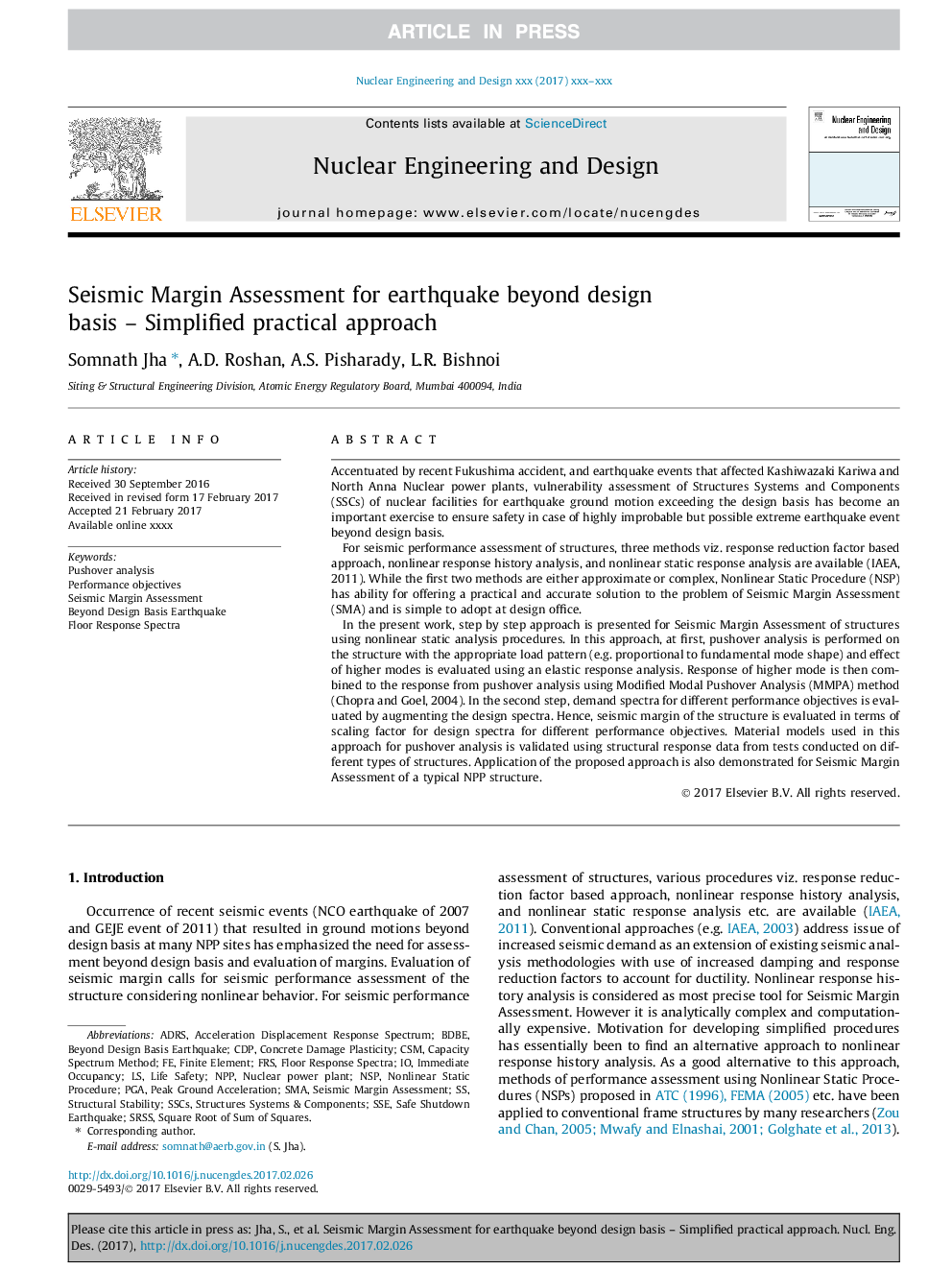 Seismic Margin Assessment for earthquake beyond design basis - Simplified practical approach