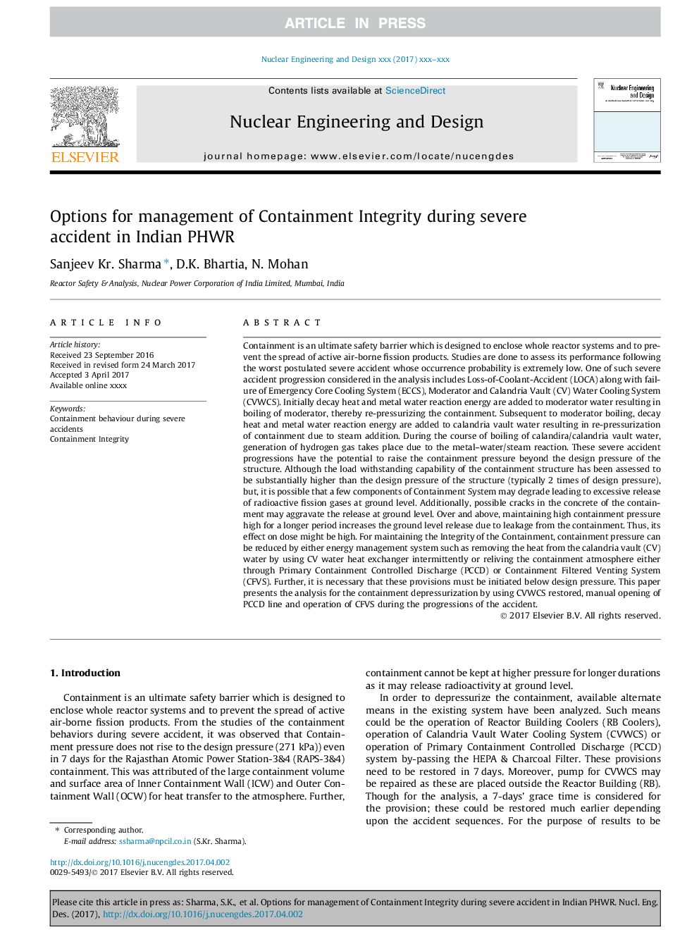 Options for management of Containment Integrity during severe accident in Indian PHWR