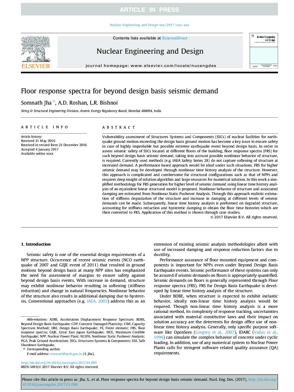 Floor response spectra for beyond design basis seismic demand