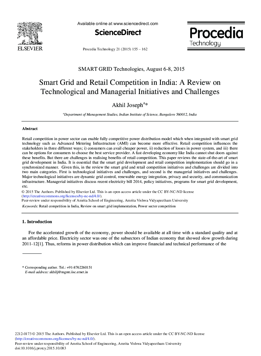 Smart Grid and Retail Competition in India: A Review on Technological and Managerial Initiatives and Challenges 