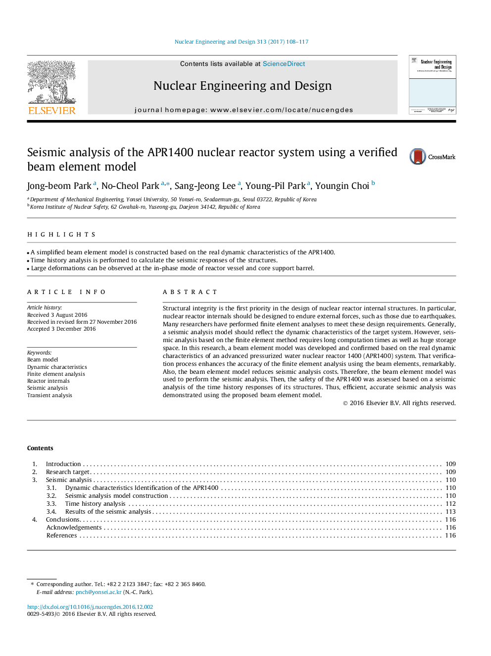 Seismic analysis of the APR1400 nuclear reactor system using a verified beam element model