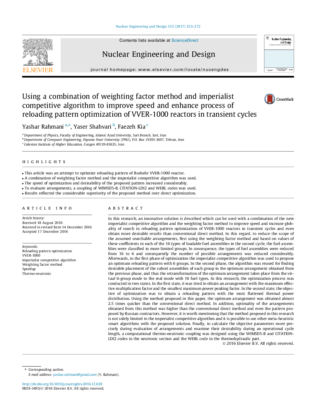 Using a combination of weighting factor method and imperialist competitive algorithm to improve speed and enhance process of reloading pattern optimization of VVER-1000 reactors in transient cycles