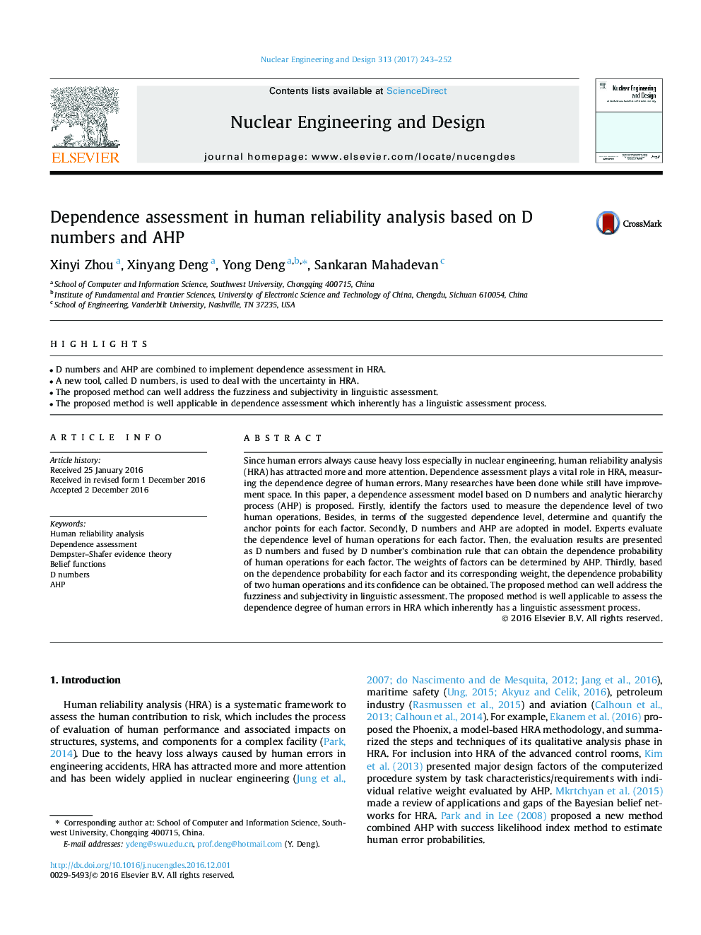 Dependence assessment in human reliability analysis based on D numbers and AHP