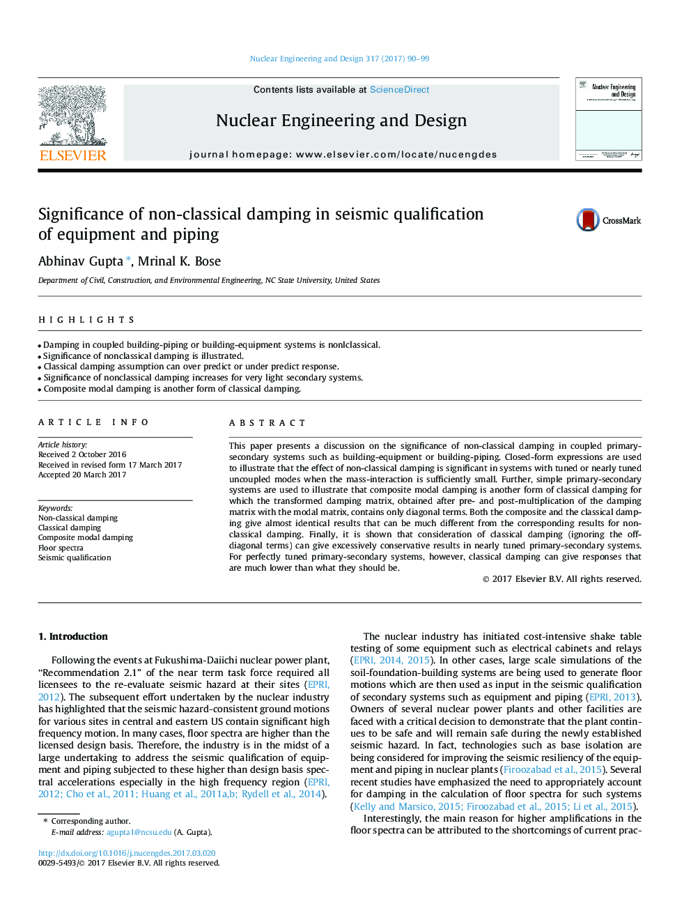 Significance of non-classical damping in seismic qualification of equipment and piping