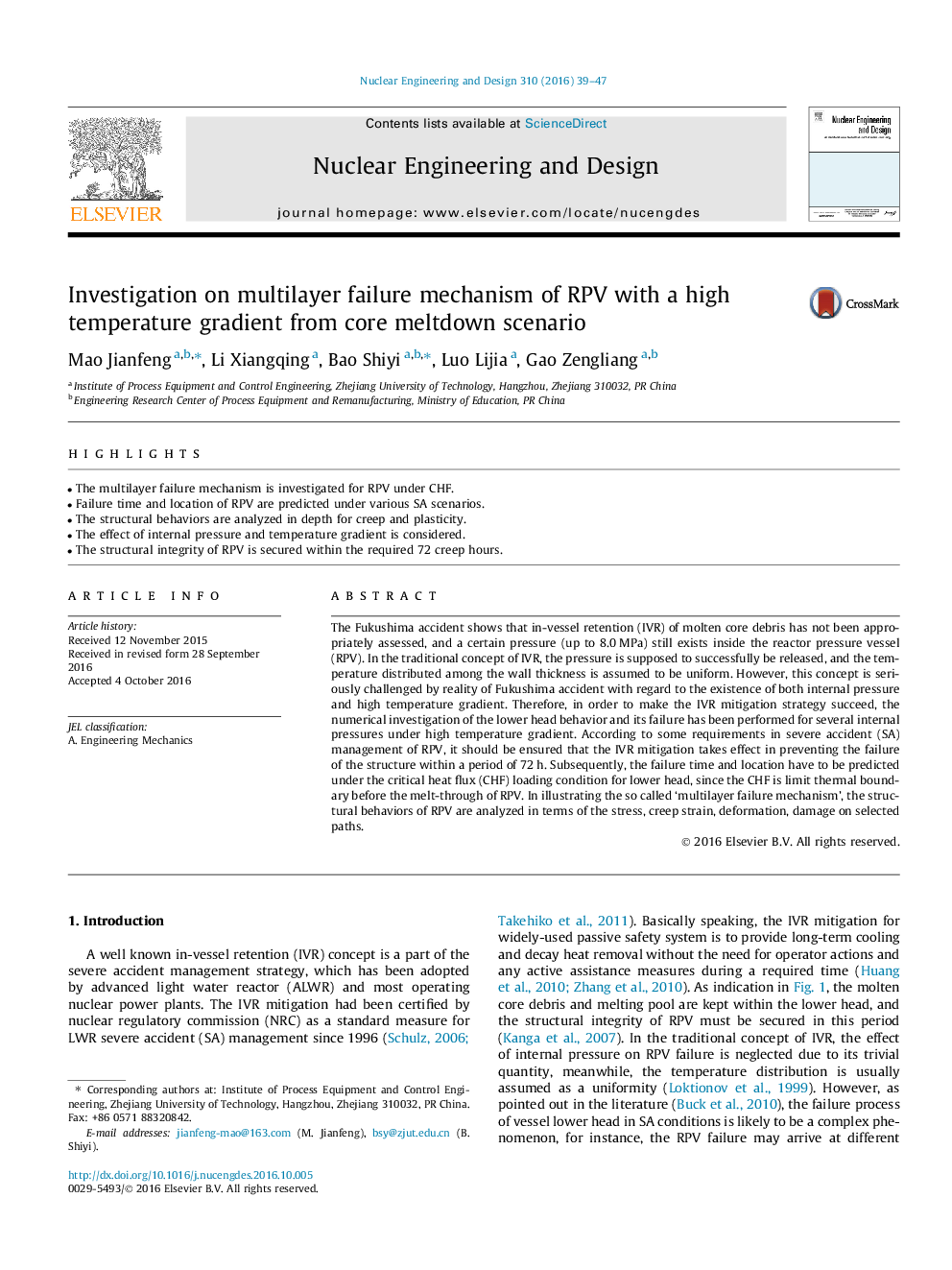 Investigation on multilayer failure mechanism of RPV with a high temperature gradient from core meltdown scenario