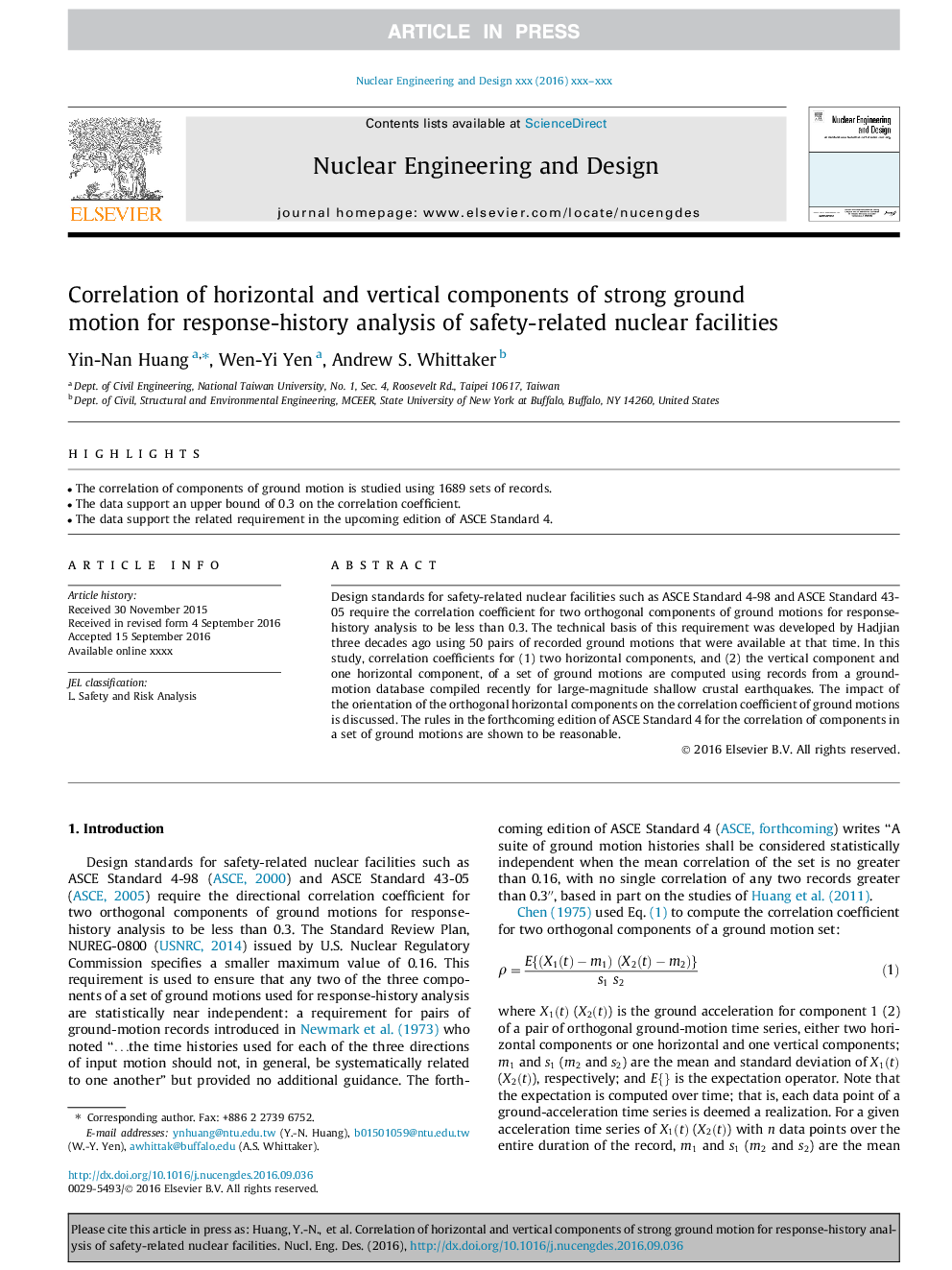 Correlation of horizontal and vertical components of strong ground motion for response-history analysis of safety-related nuclear facilities